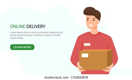 Young man keeps parcel. Online delivery and courier service. Flat vector Logistics concept with copy space on white background. Suitable for web landing page, ui, mobile app, banner template. 