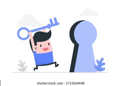 Young man with key running into keyhole. Key of Success concept illustration.