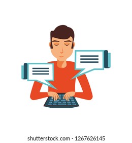 young man with keyboard and speech bubbles