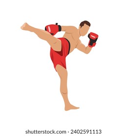 Young man kickboxer in attack stance. Flat vector illustration isolated on white background