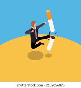 Young man kicking a cigarette to quit smoking isometric 3d vector concept for banner, website, illustration, landing page, flyer, etc.