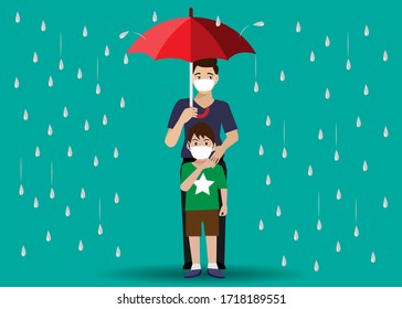 Young man and kid in casual wearing surgical face mask holding umbrella in heavy rain. Vector Illustration. Idea for COVID-19 prevention,protection and awareness. Isolated in dark green background.