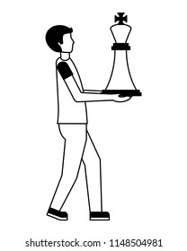 young man with king chess piece isolated icon