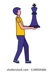 young man with king chess piece isolated icon