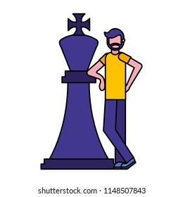 young man with king chess piece isolated icon
