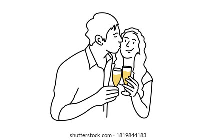 Young man kissing a girl. Vector line.