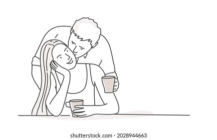 Young man kissing smiling woman sitting at home or in cafe and holding mug with hot drink tea or coffee in hands. Good morning concept. Hand drawn vector illustration. Black and white.