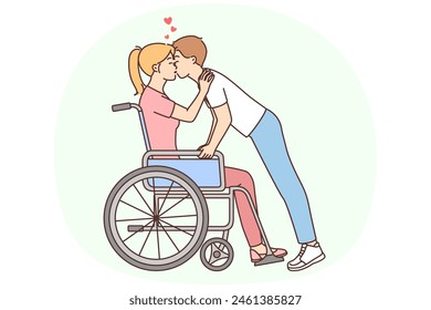 Young man kissing woman sitting in wheelchair. Guy show love and affection to disabled girl. Vector illustration.