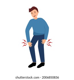 Young man with knee pain symptom in flat design on white background. Guy feel tired his legs and knees concept vector illustration.