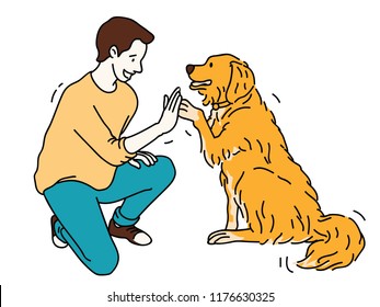 Joven, arrodillado, dando cinco con perro de Golden Retriever. Esquema, dibujo lineal, delgado, dibujo a mano.