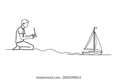 Young man kneeling and controlling a remote control sailboat toy in a continuous single line drawing style