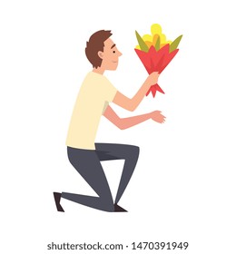 Young Man Kneeling Down with Bouquet of Flowers, Guy Making Marriage Proposal, Congratulations on Holiday, Birthday or Romantic Date Vector Illustration