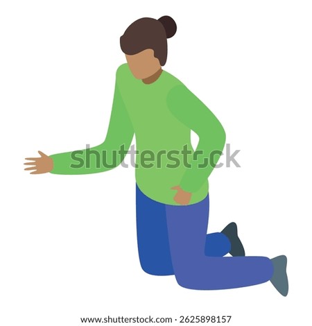 Young man is kneeling and extending his arm, as if reaching for something or offering help