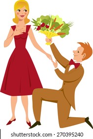 Young man kneeling and giving a young woman a bouquet of vegetables, vector cartoon, no transparencies, EPS 8