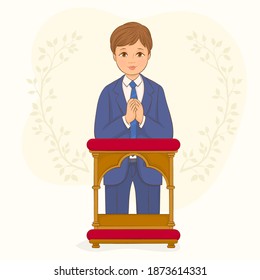 Young man kneeling with hands together in prayer for God's blessings
