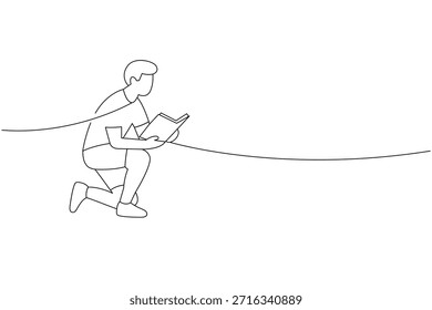 Joven arrodillado y leyendo un libro. Vector de línea continua para el diseño de la alfabetización