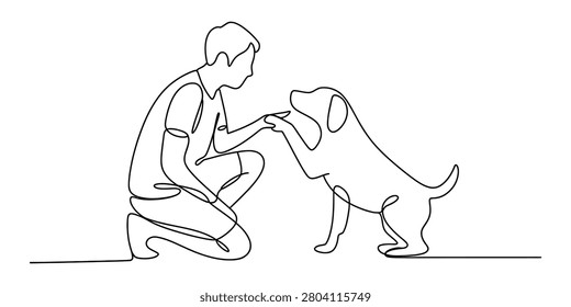 Young man kneeling and shaking hands with his friendly dog in a continuous single line drawing art style illustration Vector, illustration