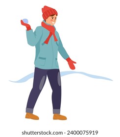 Der junge Mann in einem gestrickten Hut und ein Schal in der Hand. Winter. Junge spielt Schneebälle im Cartoon-Stil. Flache Vektorgrafik einzeln auf weißem Hintergrund. 