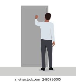 Un joven llama a la puerta cuando viene a visitar a un amigo o a la oficina de la empresa para conseguir un trabajo. Ilustración vectorial plana aislada sobre fondo blanco