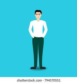 Young Man Korean Wearing Casual Clothes Standing Full Length Isolated On Blue Background Flat Vector Illustration