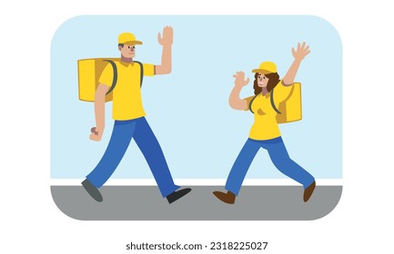 Young man and lady with backpack starting to work. Cartoon character delivering packages to destination. Express delivery services to home or office. Vector flat illustration