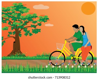 young man and lady with bicycle vector design