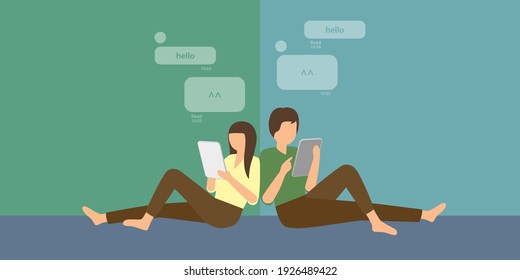 young man and young lady sit on same floor and different wall, chat to each other with tablet or smartphone. it can be interpreted that they're at same place or different, smart technology concept.