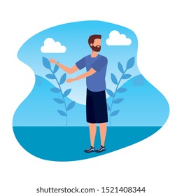 young man in landscape avatar character vector illustration design