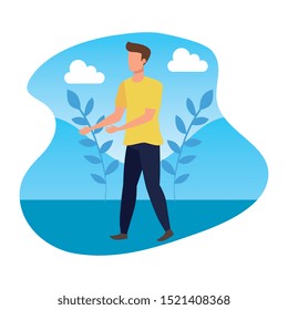 young man in landscape avatar character vector illustration design