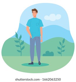 young man in landscape nature vector illustration design
