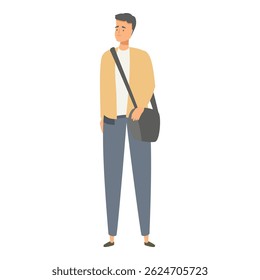 Young man with a laptop bag is standing and waiting, possibly for a meeting or an appointment