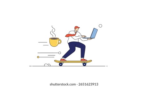 Young man with laptop and coffee cup riding on a skateboard in a dynamic and energetic way