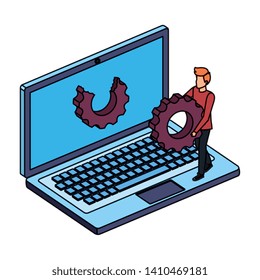 young man with laptop computer and gear settings