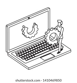 young man with laptop computer and gear settings