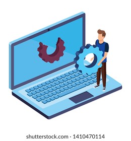 young man with laptop computer and gear settings