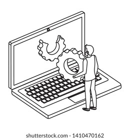 young man with laptop computer and gear settings
