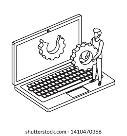 young man with laptop computer and gear settings