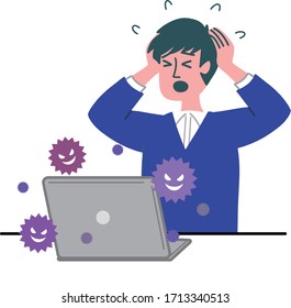 Young man at laptop, computer has a virus