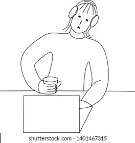 Young man with laptop and a cup of coffee. Black and white vector graphics. Minimalistic line drawing. Stock vector illustration. Isolate on a white background. Silhouette. 