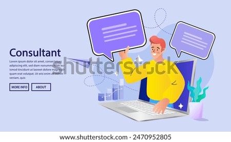 Young man with laptop. Customer service, support or call center concept. Social media network. Hotline operators consult customers on computers. Influencer marketing concept. Vector outline.