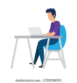 young man with laptop in desk vector illustration design