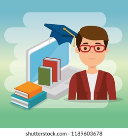 young man with laptop education online