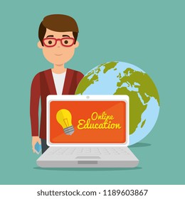 young man with laptop education online