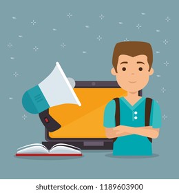 young man with laptop education online