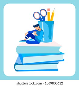 Young Man with Laptop Flat Vector Illustration. Student Sitting on Books Cartoon Character. Guy Studying, Preparing for Exams. Internet School, University. Online Education, Distance Learning