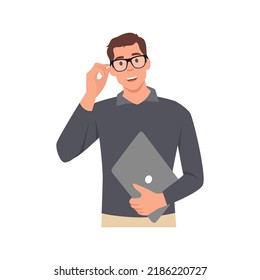 Young man with laptop. Flat vector illustration isolated on white background