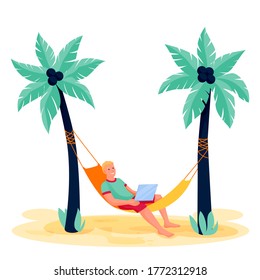 Joven con ordenador portátil en hamaca en la playa tropical. Ilustración del personaje de dibujos animados planos vectoriales. Trabajador independiente aislado en fondo blanco. Concepto de trabajo remoto de negocios