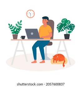 Young man at laptop, home office, training, communication and ordering goods online, remote work at computer. Vector illustration in flat style.