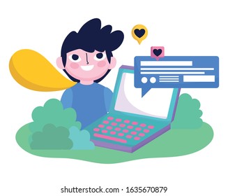 young man with laptop messaging speech bubble social media vector illustration