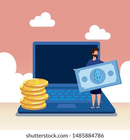 young man with laptop and money
